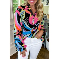 Black Abstract Print Ruffled Sleeve Buttoned V Neck Blouse - M thumbnail