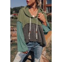 Laurel Green Mixed Textured Colorblock Patchwork Wide Sleeve Frayed High Low Hooded Top - L thumbnail