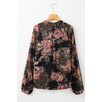 Black Floral Print Criss Cross V Neck Balloon Sleeve Blouse - L thumbnail