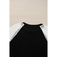 Black Floral Patchwork Long Sleeve Ribbed Blouse - M thumbnail