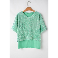 Moonlight Jade Sequin Batwing Sleeve V Neck Velvet Blouse - L thumbnail