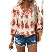 Orange Vintage Geometric Printed 3/4 Sleeve V Neck Blouse - M thumbnail