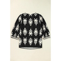 Black Vintage Geometric Printed 3/4 Sleeve V Neck Blouse - M thumbnail