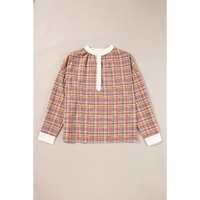 Pink Colorblock Plaid Patchwork Henley Blouse - L thumbnail