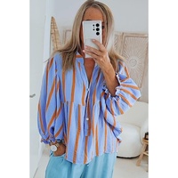 Sky Blue Stripe Crinckled Ruffled Sleeve Button up Loose Shirt - L thumbnail