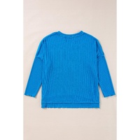 Blue Ribbed Exposed Seam Knit V Neck Long Sleeve Top - L thumbnail