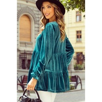 Sea Green Velvet V Neck Peplum Hem Puff Sleeve Blouse - L thumbnail