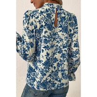 Sky Blue Floral Print Flounce Sleeve Keyhole Back Blouse - S thumbnail