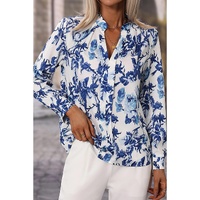 Sky Blue Floral Print Notched Neck Elegant Blouse - L thumbnail