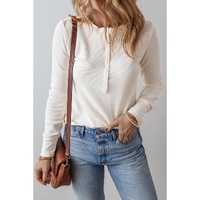 White Solid Color Waffle Half Button Long Sleeve Top - L thumbnail