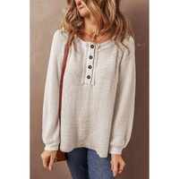 Oatmeal Waffle Knit Buttoned Front Raglan Sleeve Loose Blouse - L thumbnail