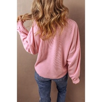 Pink Ribbed Knit Collared Henley Top with Chest Pocket - M thumbnail
