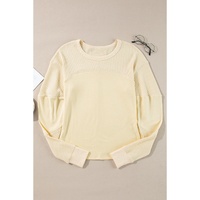 Beige Thermal Knit Patchwork Exposed Seam Long Sleeve Top - S thumbnail