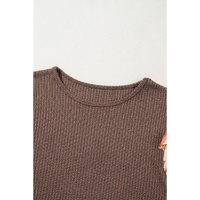 Coffee Ruffled Floral Sleeve Patchwork Waffle Knit O Neck Blouse - L thumbnail