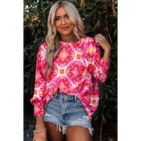 Strawberry Pink Geometric Print Shirred Cuff 3/4 Sleeve Loose Blouse - L thumbnail