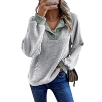 Light Grey Color Contrast Ribbed Loose Fit Long Sleeve Top - 2XL thumbnail