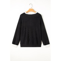 Black Color Contrast Ribbed Loose Fit Long Sleeve Top - S thumbnail