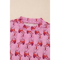 Pink Cowgirl Boots Printed Mock Neck Long Sleeve Mesh Top - L thumbnail