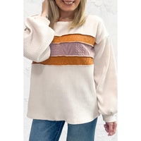 White Corded Exposed Seam Knit Patchwork Drop Sleeve Top - M thumbnail