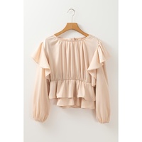 Oatmeal Lace-up Keyhole Back Ruffled Peplum Blouse - L thumbnail