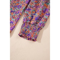 Purple Floral Allover Print Shirred Cuff Frilled O Neck Blouse - L thumbnail