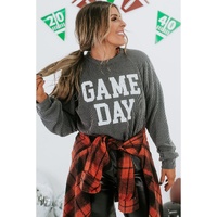 Dark Grey Corded GAME DAY Graphic Long Sleeve Crewneck Top - L thumbnail
