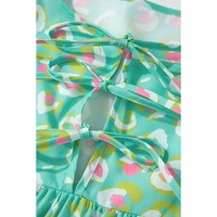 Green Abstract Printed Lace-up Lantern Sleeve Babydoll Blouse - L thumbnail
