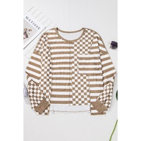 Khaki Checkerboard Striped Patchwork Lantern Sleeve Pocketed Blouse - L thumbnail