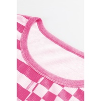 Rose Red Checkerboard Striped Patchwork Lantern Sleeve Pocketed Blouse - L thumbnail