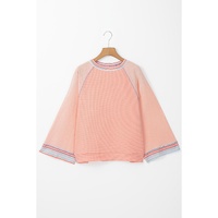 Grapefruit Orange Waffle Knit Wide Bracelet Sleeve Patchwork Raglan Top - L thumbnail