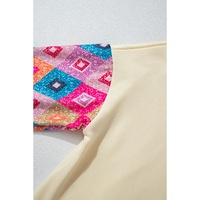 Apricot Geometric Printed Patchwork Long Sleeve Round Neck Top - L thumbnail