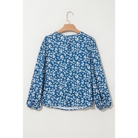 Blue Ditsy Floral Print Lantern Sleeve Blouse - S thumbnail