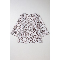 Khaki Leopard Print Ruched V Neck 3/4 Sleeve Blouse - S thumbnail