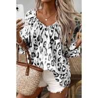 Black Leopard Print Ruched V Neck 3/4 Sleeve Blouse - L thumbnail