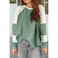 Mint Green Ribbed Colorblock Patchwork Raglan Long Sleeve Top - L thumbnail