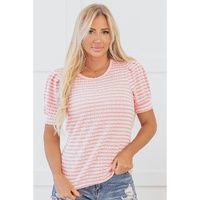 Pink Stripe Textured Puff Sleeve Crewneck Top - L thumbnail