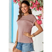 Light Pink Lace Patchwork Waffle Short Sleeve Top - 2XL thumbnail