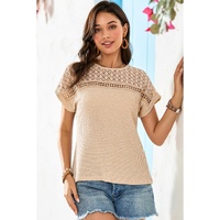 Oatmeal Lace Patchwork Waffle Short Sleeve Top - M thumbnail