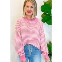 Azura Exchange Pink Stripe Loose Drop Shoulder Long Sleeve Top - 2XL thumbnail