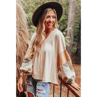 Jet Stream Palm Leaves Polka Dot Puff Sleeve Patchwork V Neck Loose Blouse - 2XL thumbnail