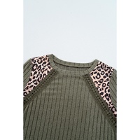 Moss Green Leopard Print Crochet Patchwork Rib Textured Knit Top - L thumbnail