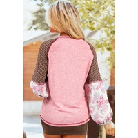 Fushia Mixed Print Raglan Sleeve Ribbed Knit Patchwork Blouse - 2XL thumbnail
