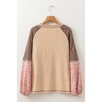 Jet Stream Mixed Print Raglan Sleeve Ribbed Knit Patchwork Blouse - 2XL thumbnail