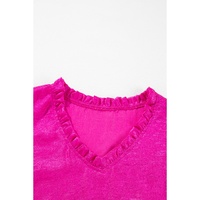 Rose Red Metallic Frilled V Neck Puff Sleeve Babydoll Blouse - XL thumbnail