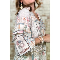 Multicolour Boho Floral Patched Ruffled Sleeve Tied Neck Blouse - S thumbnail