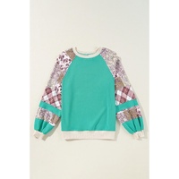 Aruba Blue Plaid Vintage Paisley Patchwork Long Sleeve Raglan Top - L thumbnail