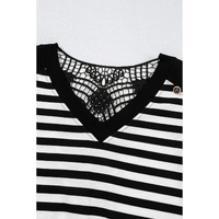 Black Stripe Crochet Hollow-out Back Buttoned Shoulder V Neck Top - L thumbnail