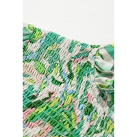 Green Leafy Printed Flounce Sleeve Shirred Mock Neck Blouse - L thumbnail