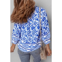 Blue Boho Printed 3/4 Sleeve Tied Neck Blouse - L thumbnail