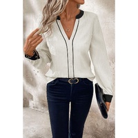 White Textured Colorblock V Neck Elegant Blouse - L thumbnail